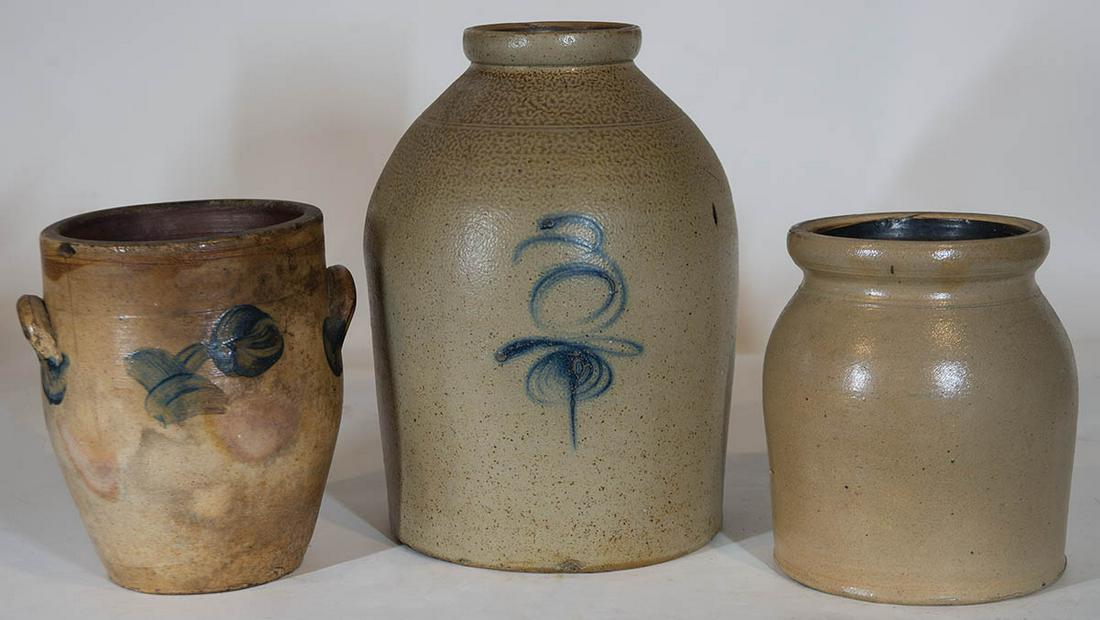 THREE 19TH C. STONEWARE CROCKSOvoid with blue tulip (1 of 1)