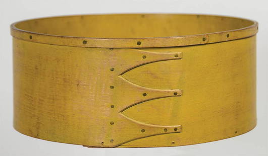 SPIT BOXMaple and pine, original chrome yellow painted finish, three fingers with symmetrically: SPIT BOXMaple and pine, original chrome yellow painted finish, three fingers with symmetrically placed copper tacks, c. 1840, (note: one of the finest examples of this form of Shaker Cooper's work