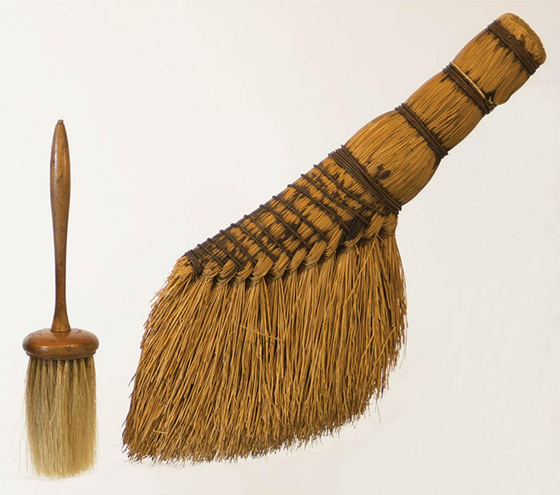 TWO BRUSHESDelicately turned maple brush, with white horsehair bristles, 8" l; and an angled: TWO BRUSHESDelicately turned maple brush, with white horsehair bristles, 8" l; and an angled clothing brush, neatly formed and wire wrapped, 12 1/2" l, "Now we will be united and brush off pride and s
