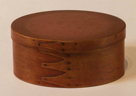 OVAL BOXPine and maple, original bittersweet red painted finish, four fingers right to left,: OVAL BOXPine and maple, original bittersweet red painted finish, four fingers right to left, attached with small copper tacks, wood pegged lid and base, very fine condition, found in Maine, 2 1/8" h,