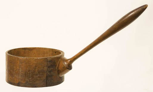 DIPPEROak and maple, original dark varnish with patina, rare long handle (11 1/2"), measure is 3" h,: DIPPEROak and maple, original dark varnish with patina, rare long handle (11 1/2"), measure is 3" h, 7" dia.