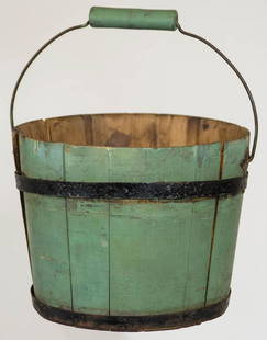 PAILMaple and pine, wire swing bail with wood handle, original green paint, stamped on base "NF: PAILMaple and pine, wire swing bail with wood handle, original green paint, stamped on base "NF Shakers, Enfield, NH", 7 3/4" h, 9 1/2" dia.