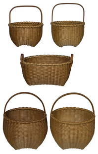 FIVE SHAKER STYLE BASKETSKittenhead styles, four with hoop handles and one with double side handles,: FIVE SHAKER STYLE BASKETSKittenhead styles, four with hoop handles and one with double side handles, all made by Martha Wetherbee (MW - '83), 6 1/4" to 4 1/4" h (to handle).
