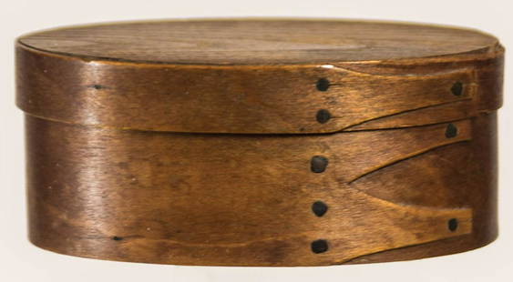 OVAL BOXMaple with ash lid, original nut brown patinated finish, three fingers, very good condition,: OVAL BOXMaple with ash lid, original nut brown patinated finish, three fingers, very good condition, small size - 1 1/2" h, 3 1/2" l.
