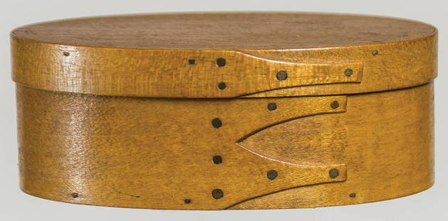OVAL BOXMaple and pine, very light, original yellow varnish stain, rare interior Shaker label: OVAL BOXMaple and pine, very light, original yellow varnish stain, rare interior Shaker label "Janett Angus, Watervliet, N.Y.", with handwritten ink "Miriam P. Taylor. Presented this Box to me in
