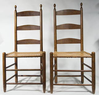 SIDE CHAIRSRare pair of tilt chairs with original pewter tilters, (one pair unattached), cherry with: SIDE CHAIRSRare pair of tilt chairs with original pewter tilters, (one pair unattached), cherry with original brown stain, three slats, cane seats, New Lebanon, NY, c. 1830-1840, excellent condition,