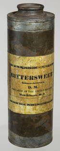 TIN HERB CANNISTERRare unopened cannister, tall, cylindrical and lidded, original Shaker black: TIN HERB CANNISTERRare unopened cannister, tall, cylindrical and lidded, original Shaker black painted wraparound label "Bittersweet, Solanum dulcamara, D.M. Prepared in the United Society, New