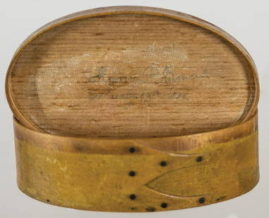 OVAL BOXPine and maple, original chrome yellow varnished wash/stain, inscribed in pencil under lid: OVAL BOXPine and maple, original chrome yellow varnished wash/stain, inscribed in pencil under lid "Amy P. Bowers, February 13, 1881.", (note: Sister Amy Bowers, a Shaker weaver, was born in 1861 and