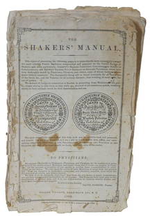RARE PAMPHLET: THE SHAKERS' MANUAL(David Parker, Trustee), "Shaker Village, Merrimack Co., N.H.: RARE PAMPHLET: THE SHAKERS' MANUAL(David Parker, Trustee), "Shaker Village, Merrimack Co., N.H. 1852", 24 pages intact, shows edge wear, some stains, stitched binding, back page shows some tears, 9