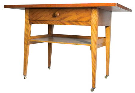 SISTER'S SEWING TABLEExceptional tiger birch legs, skirt and drawers, original varnish, pine top: SISTER'S SEWING TABLEExceptional tiger birch legs, skirt and drawers, original varnish, pine top (single 25" wide board), in original bright red stain, with applied raised and beveled rim, (to secure
