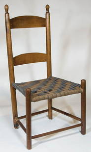 RARE TWO-SLAT CHILD'S CHAIRMaple, original light brown varnished stain, original multicolor woven: RARE TWO-SLAT CHILD'S CHAIRMaple, original light brown varnished stain, original multicolor woven tape seat, Shaker hand-forged iron sleeve to repair split in back left foot, old Boston moving label