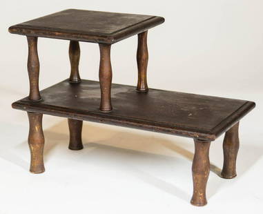 RARE SISTER'S FOOTRESTMaple and walnut, original red/brown painted finish, two levels, upper and: RARE SISTER'S FOOTRESTMaple and walnut, original red/brown painted finish, two levels, upper and bottom sections with molded rectangular boards, supported with turned legs, medial scribe lines,