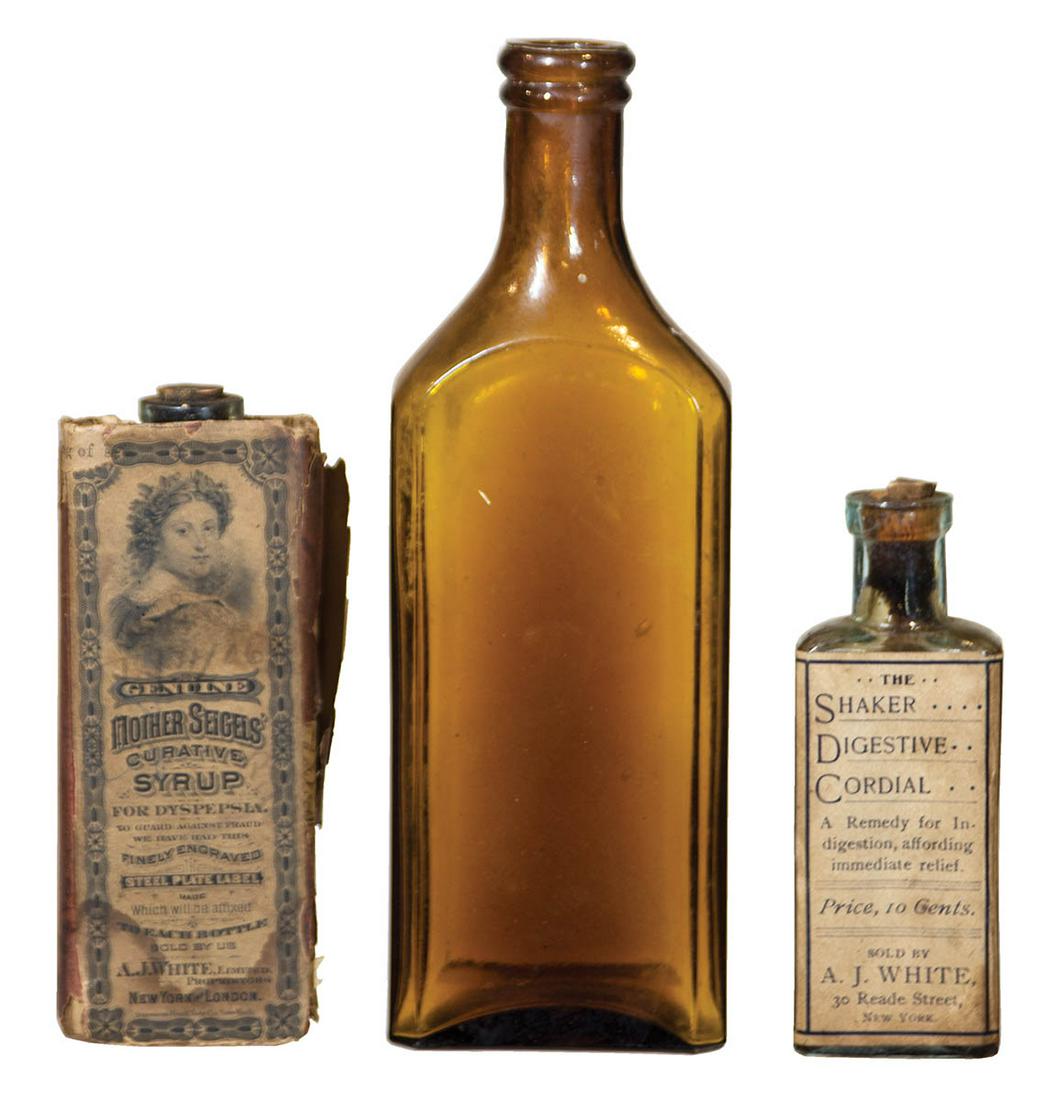 THREE BOTTLES"Mother Siegels Curative Syrup...A.J. White", labeled with contents and cork, 5" h; (1 of 2)