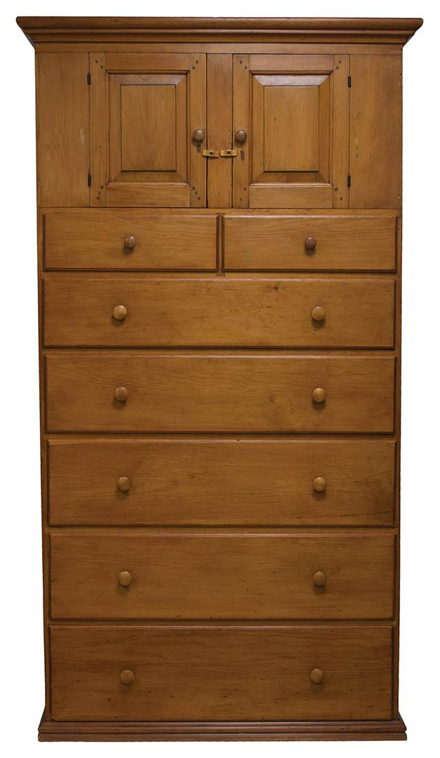 CUPBOARD OVER CASE OF DRAWERSPine, refinished with traces of original red stain, cornice molded top (1 of 1)