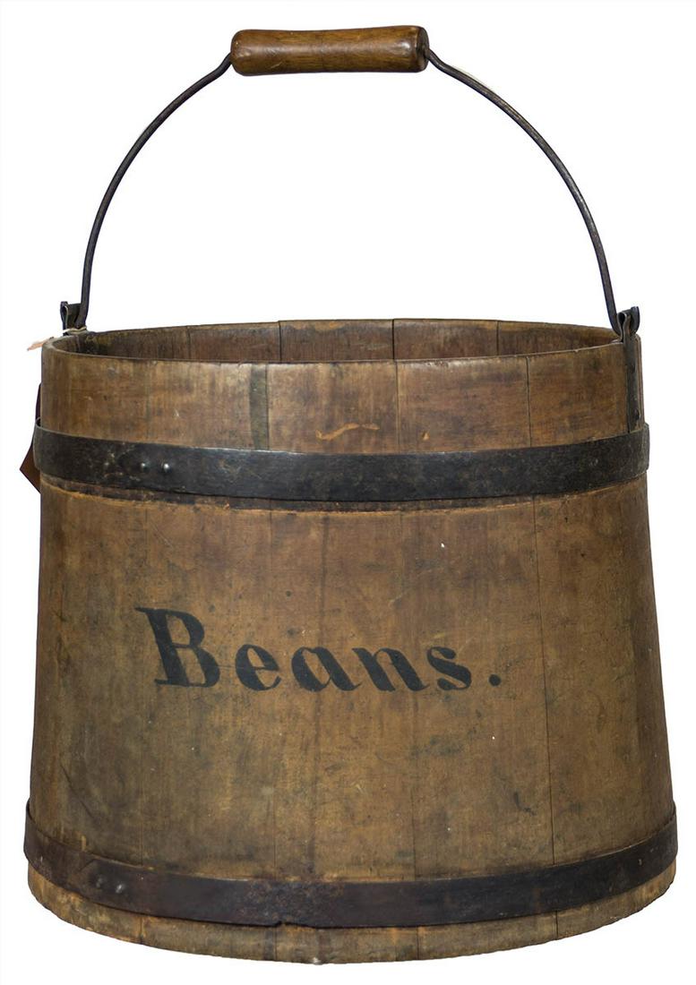 LARGE BEAN PAILPine, original dark yellow stained finish, "Beans." in black paint at front, heavy (1 of 3)