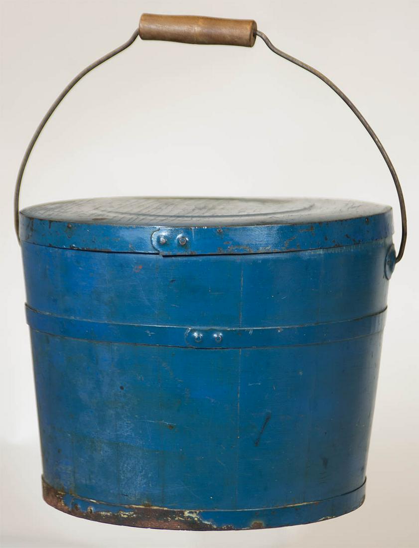 LIDDED PAILPine, original ministry blue painted finish, turned lid with raised circular section, (1 of 3)