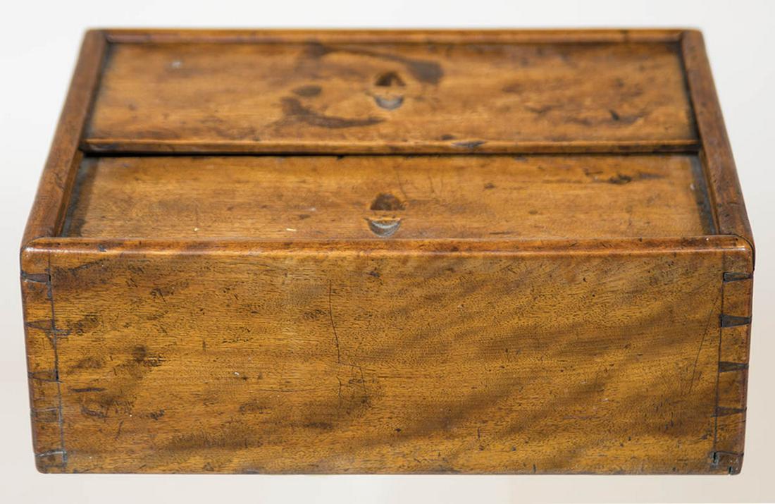 SLIDE LID WORK BOXHighly figured birch, finely dovetailed rectangular form, double inset lids with (1 of 2)