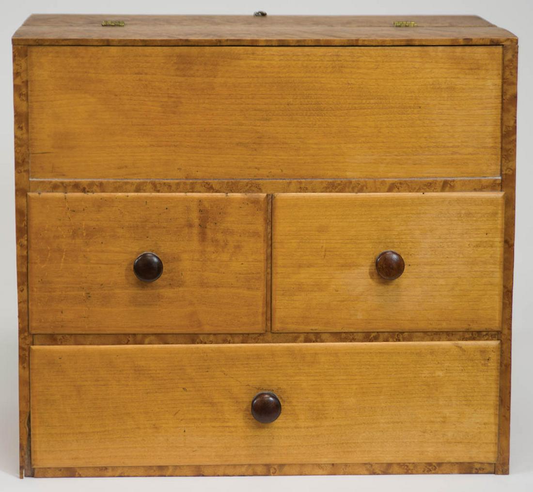 ADD-ON SISTER'S SEWING CABINETBird's-eye maple, cherry and pine, turned walnut pulls, double hinged: ADD-ON SISTER'S SEWING CABINETBird's-eye maple, cherry and pine, turned walnut pulls, double hinged lid with storage for yarns and knitting supplies, three finely dovetailed and lipped drawers, bird's