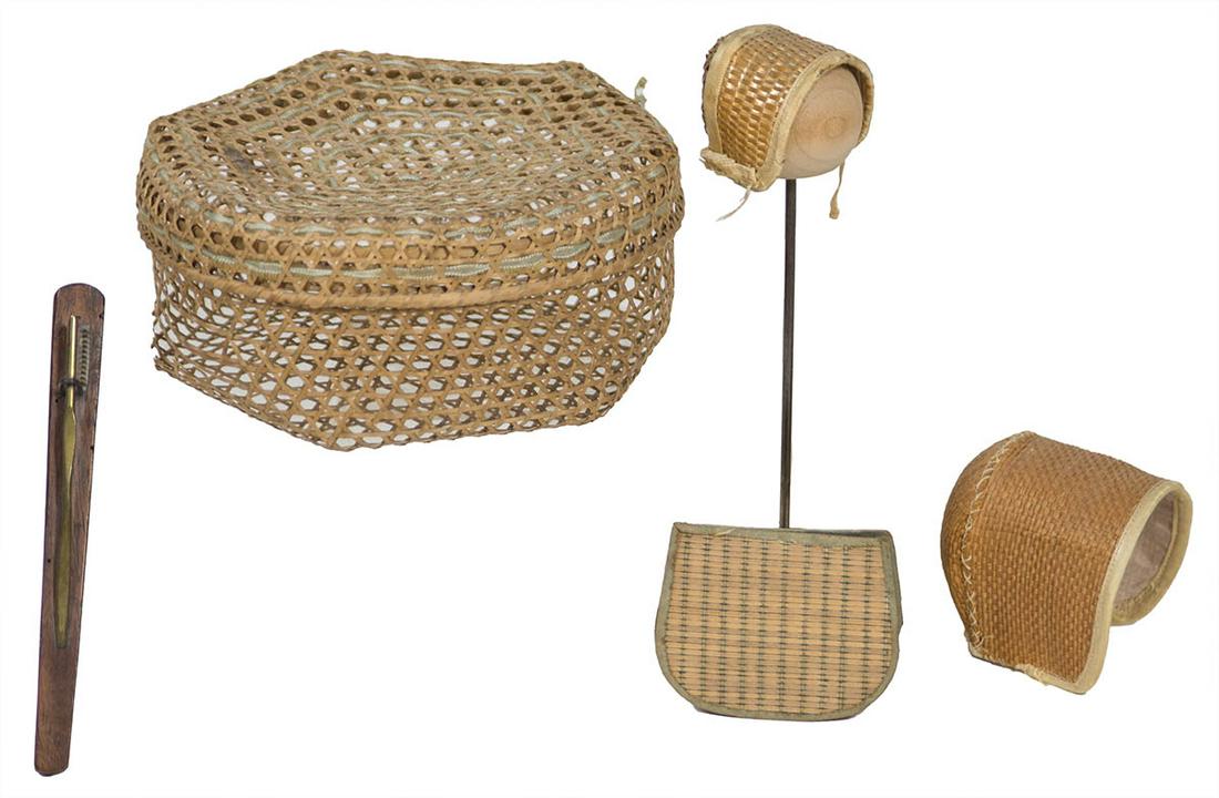 BONNETS, NEEDLECASE, BASKET, TOOLTwo poplar doll bonnets; Woven poplar needlecase, with multicolor (1 of 1)