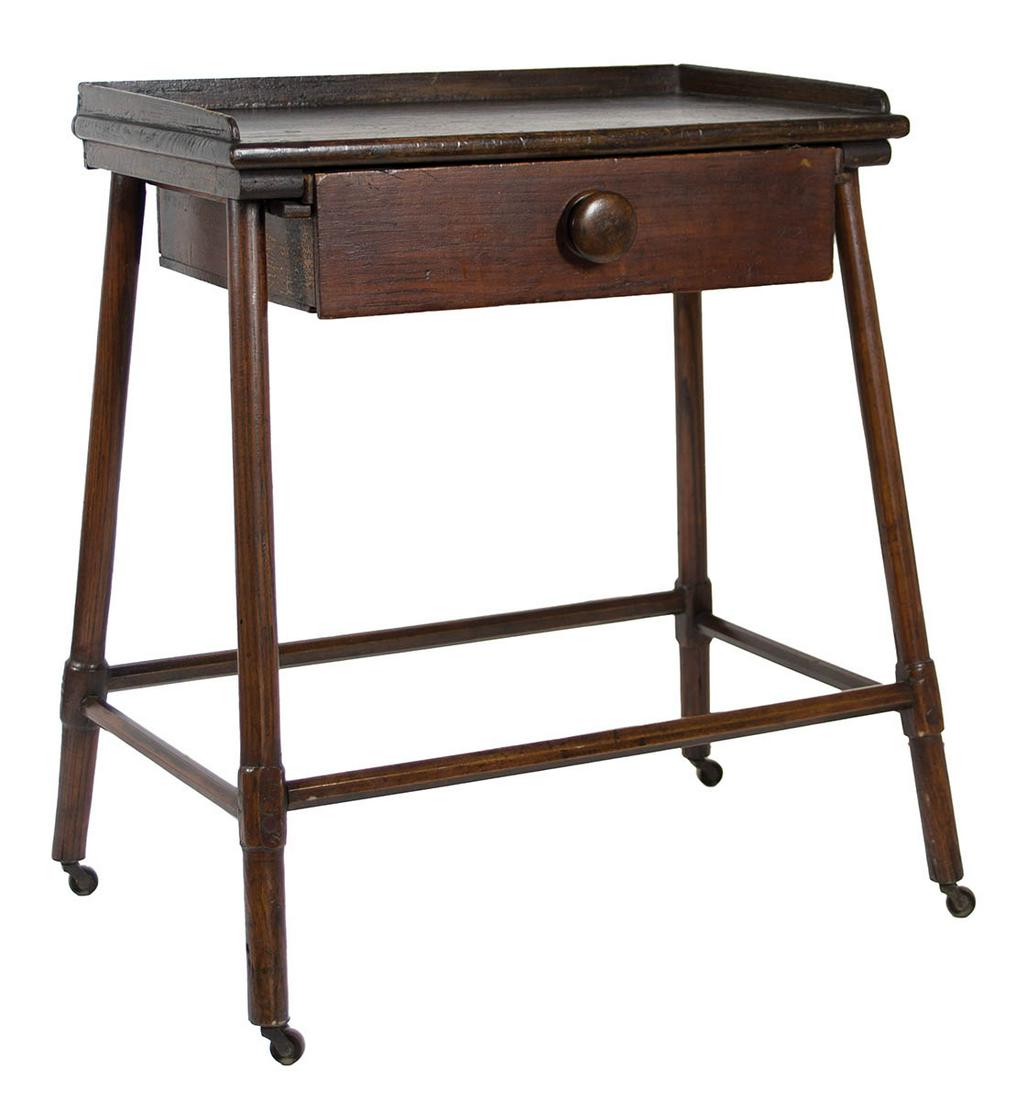 SISTER'S SEWING TABLEPine and maple, original dark varnish red stained finish, underhung full-length (1 of 5)