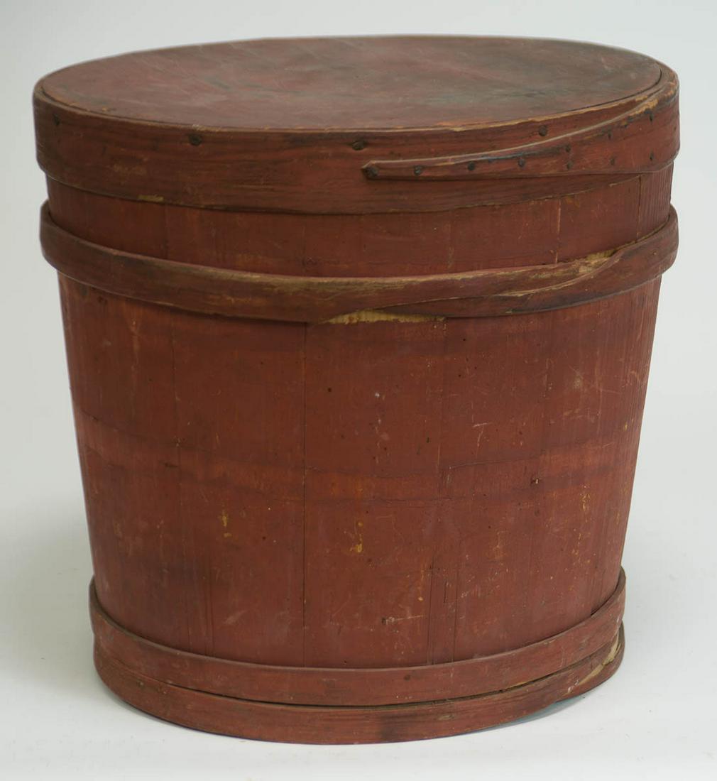 STORAGE PAILPine, original red painted finish, circular lid with long finger closure affixed with (1 of 1)