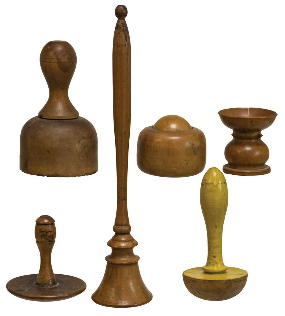 SIX WOODEN OBJECTSMaple donut cutter, 4 1/2"; Two Sister's darning mushroom shaped work, one in (1 of 1)