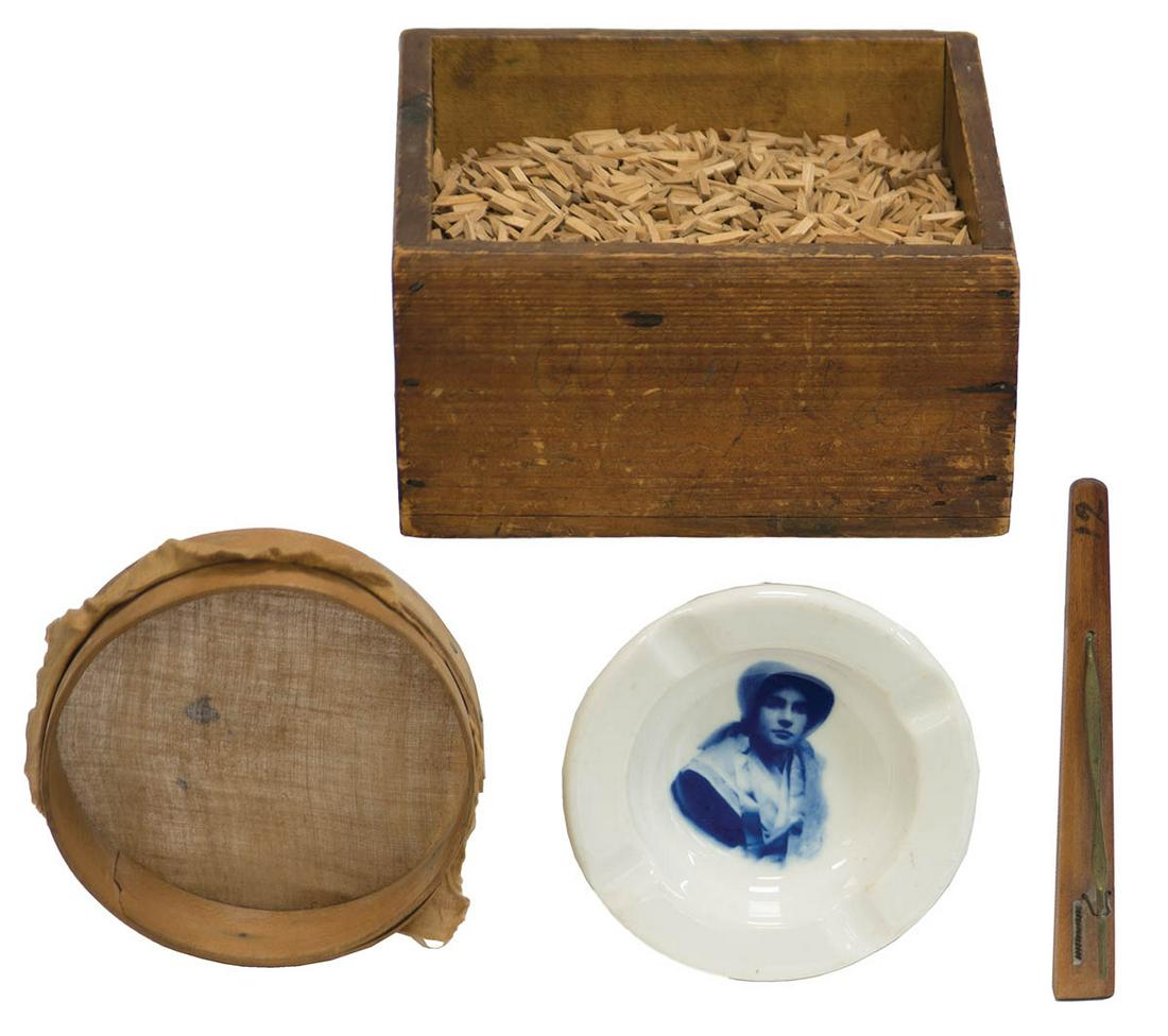 SIFTER, WOODEN PEGS, DISH, SPLINT CUTTERSmall, Shaker silk and maple herb sifter, copper tacked, (1 of 1)