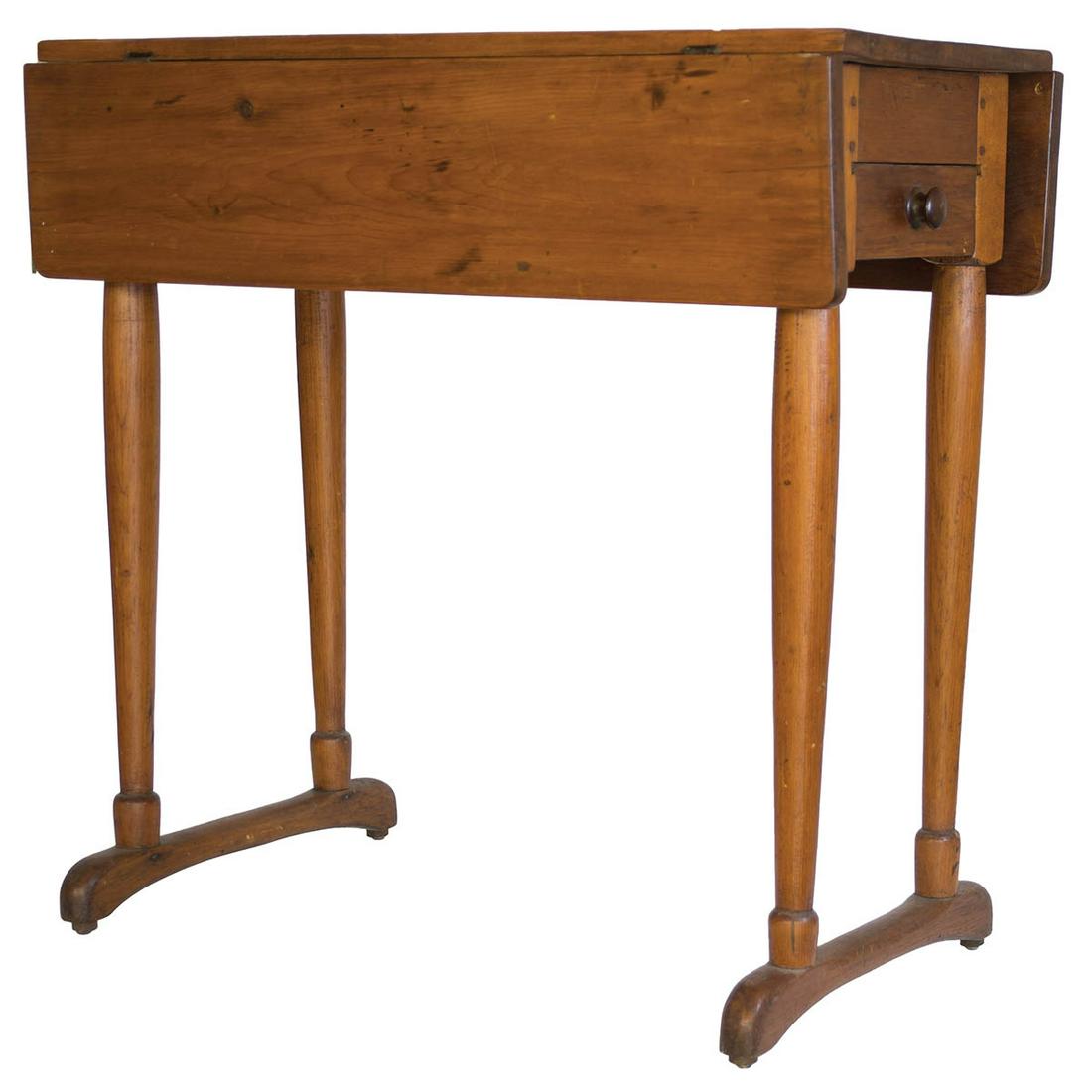 DROP LEAF WORK TABLEPine, traces of original red stained finish on base, 7" drop leaves with pull (1 of 4)