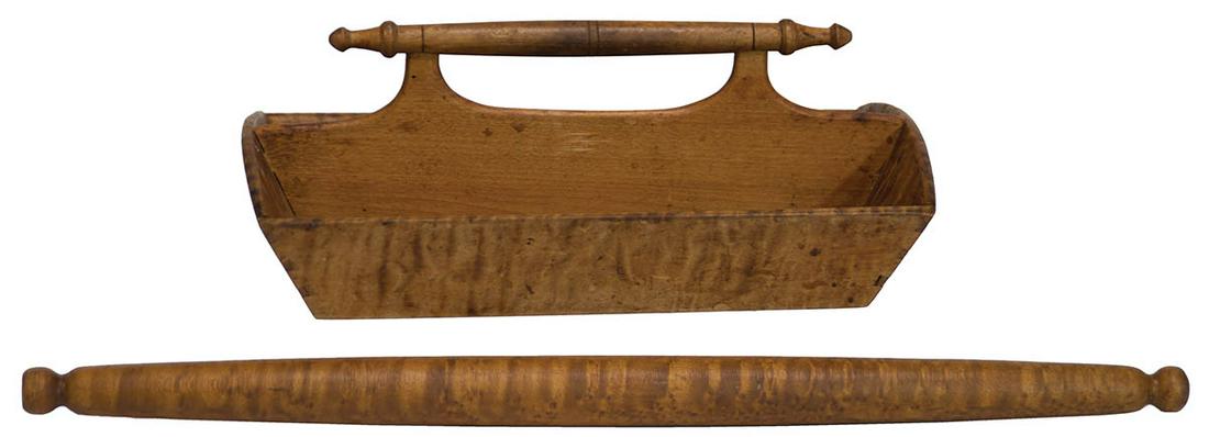 CUTLERY CARRIER AND ROLLING PINTiger maple, turned birch handle, attached to central partition, (1 of 2)