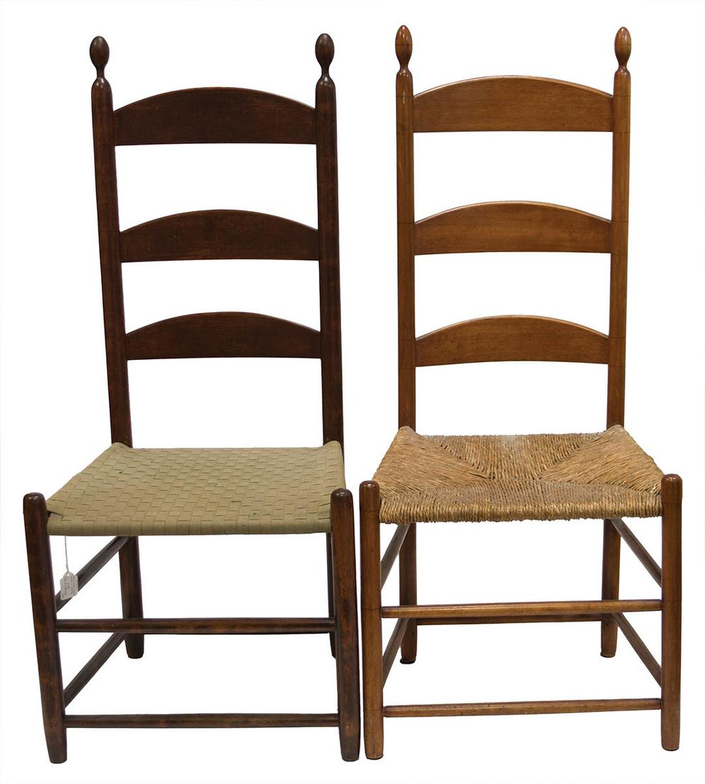 TWO TILT CHAIRSBirch and tiger birch, original dark red stain with varnish, three slats graduated: TWO TILT CHAIRSBirch and tiger birch, original dark red stain with varnish, three slats graduated upwards, very early green taped seat, over ticking filled with horsehair or sawdust, original tilters,