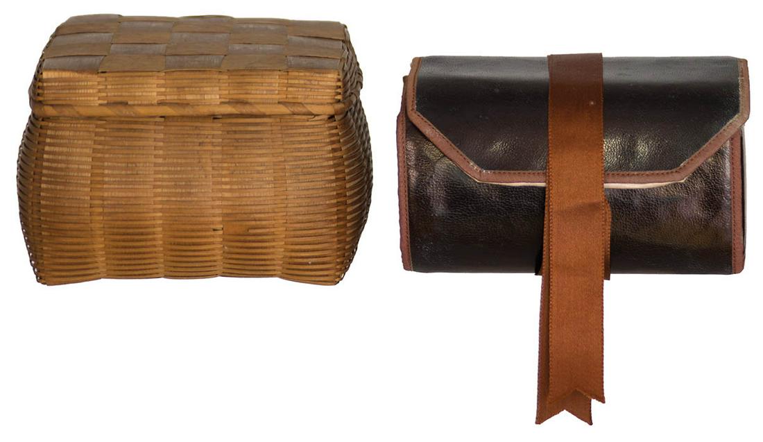 TWO SHAKER MADE FANCY GOODSWoven storage basketry box, ash, single wrapped lid, overall fine (1 of 2)