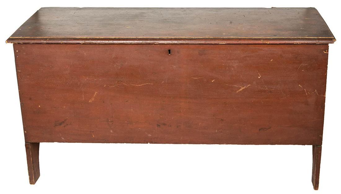 BLANKET CHESTPine, original deep red painted finish, six board style, thumbnail molded lid, intact (1 of 3)