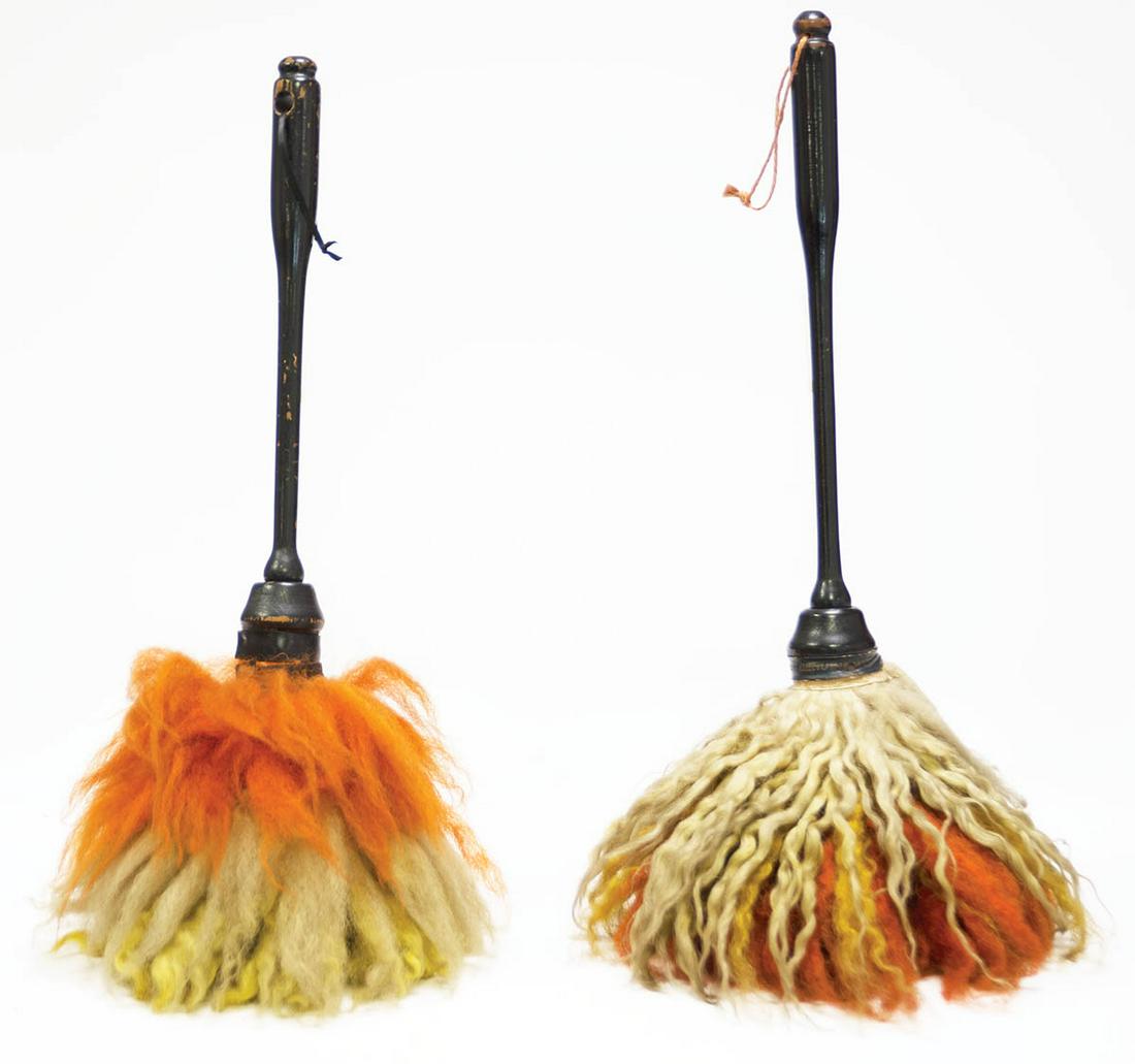 TWO SHAKER MADE DUST MOPSTurned maple handles, in original black painted finish, dyed orange, yellow (1 of 1)