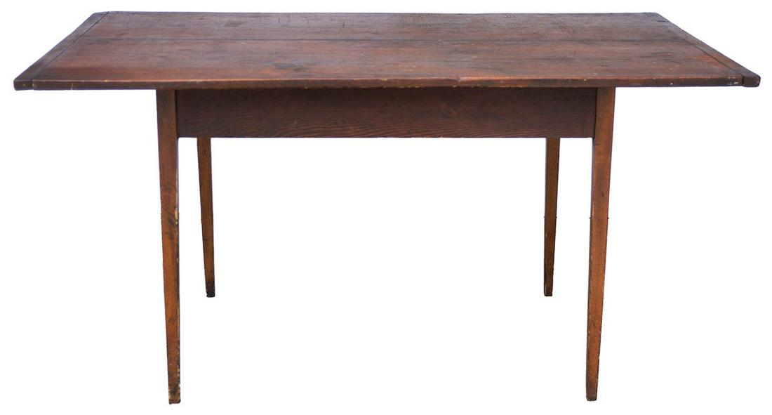 WORK TABLE AND MEASUREPine and maple, old refinish with patina, two board top with breadboard ends, (1 of 2)