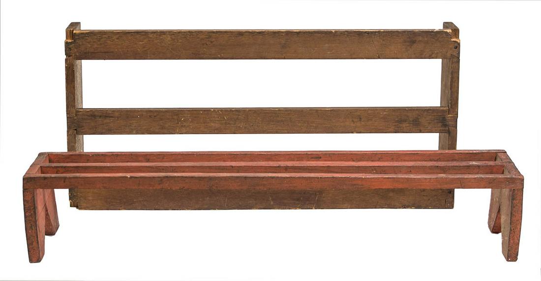 TWO BAKED GOODS DRYING RACKSPine, one in original oranged painted finish, three rails on triangular (1 of 2)