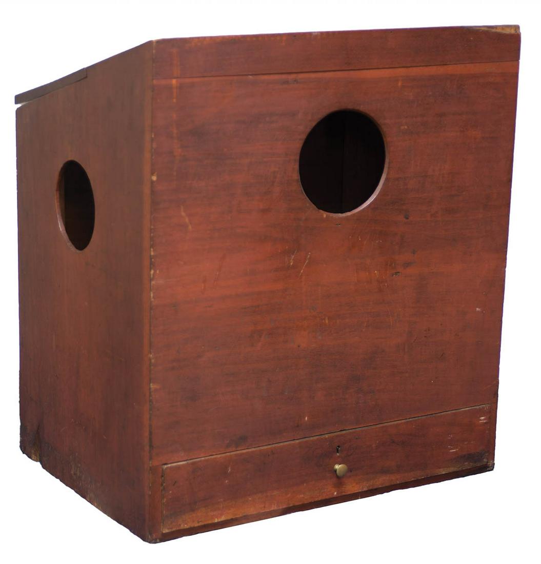 SHAKER STORE CABINETButternut and poplar, original red stained finish, canted and dovetailed top, (1 of 4)