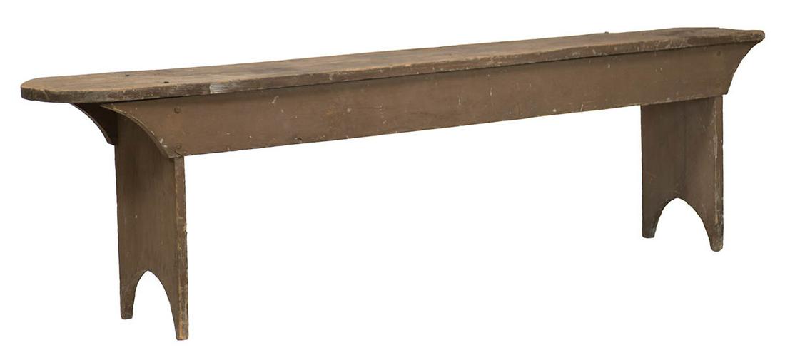 BENCHPine, original weathered gray painted finish, plank top with rounded edge on one end, and flat: BENCHPine, original weathered gray painted finish, plank top with rounded edge on one end, and flat on opposite end, shaped skirt, bootjack ends, (note: probably used in a Shaker barn setting), (Kitty