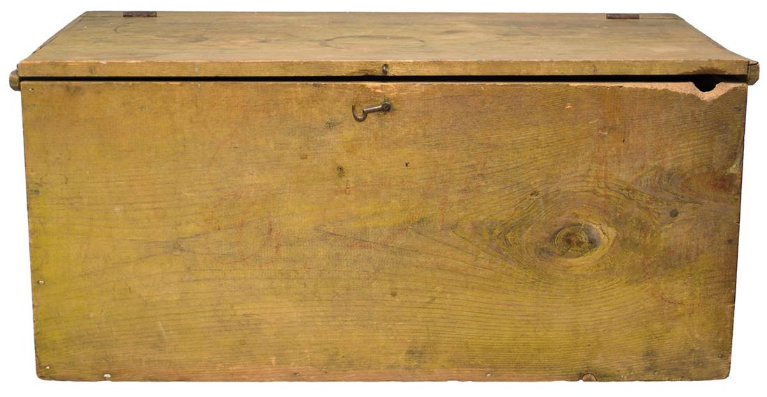 SISTER'S STORAGE BOXPine, original yellow stained finish, hinged lid, breadboard top, brass hook and (1 of 2)