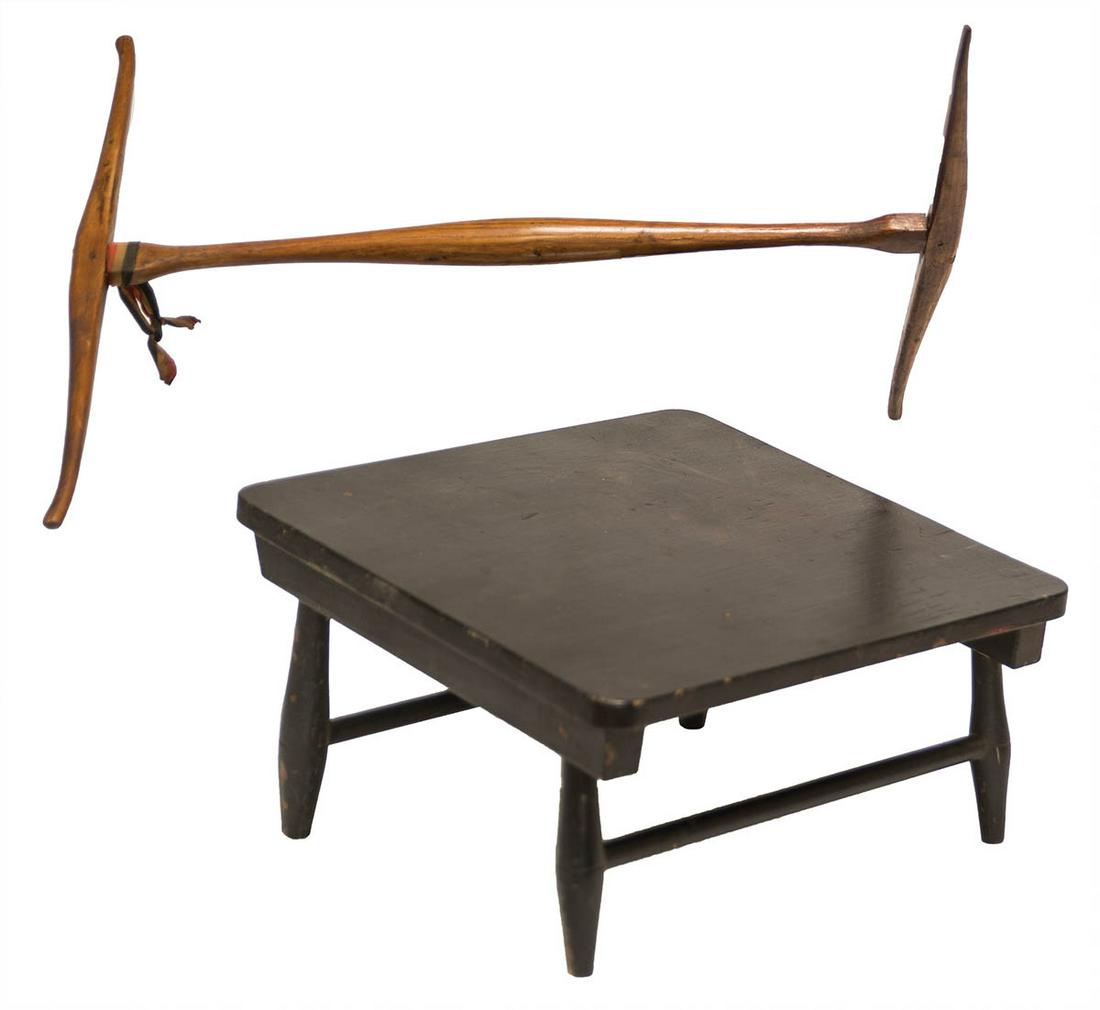 NIDDY-NODDY AND FOOTRESTCarved oak, original varnish finish with patina, old silk ribbon for hanging (1 of 2)