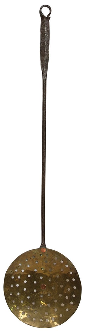 18TH C. NEW ENGLAND SKIMMER Oversized brass and wrought iron skimmer, shaped long handle with rat (1 of 2)