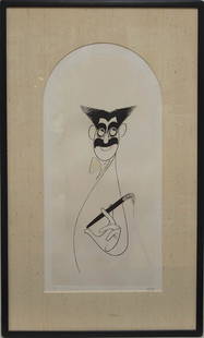 GROUCHO MARX Al Hirschfeld (1903-2003) caricature of Groucho Marx, numbered "59/175", pencil signed: GROUCHO MARX Al Hirschfeld (1903-2003) caricature of Groucho Marx, numbered "59/175", pencil signed l.r. "Hirschfeld", finely matted and framed, with an envelope taped on back with cigar from