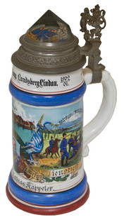 TWO 19TH C. GERMAN BEER STEINS Decorated pewter tops, one dated "1902", depicting Inf. regiment, 9: TWO 19TH C. GERMAN BEER STEINS Decorated pewter tops, one dated "1902", depicting Inf. regiment, 9 1/2" h, bottom of portrait inside of Leopold in uniform; and a 12 1/2 liter stein, tradesman