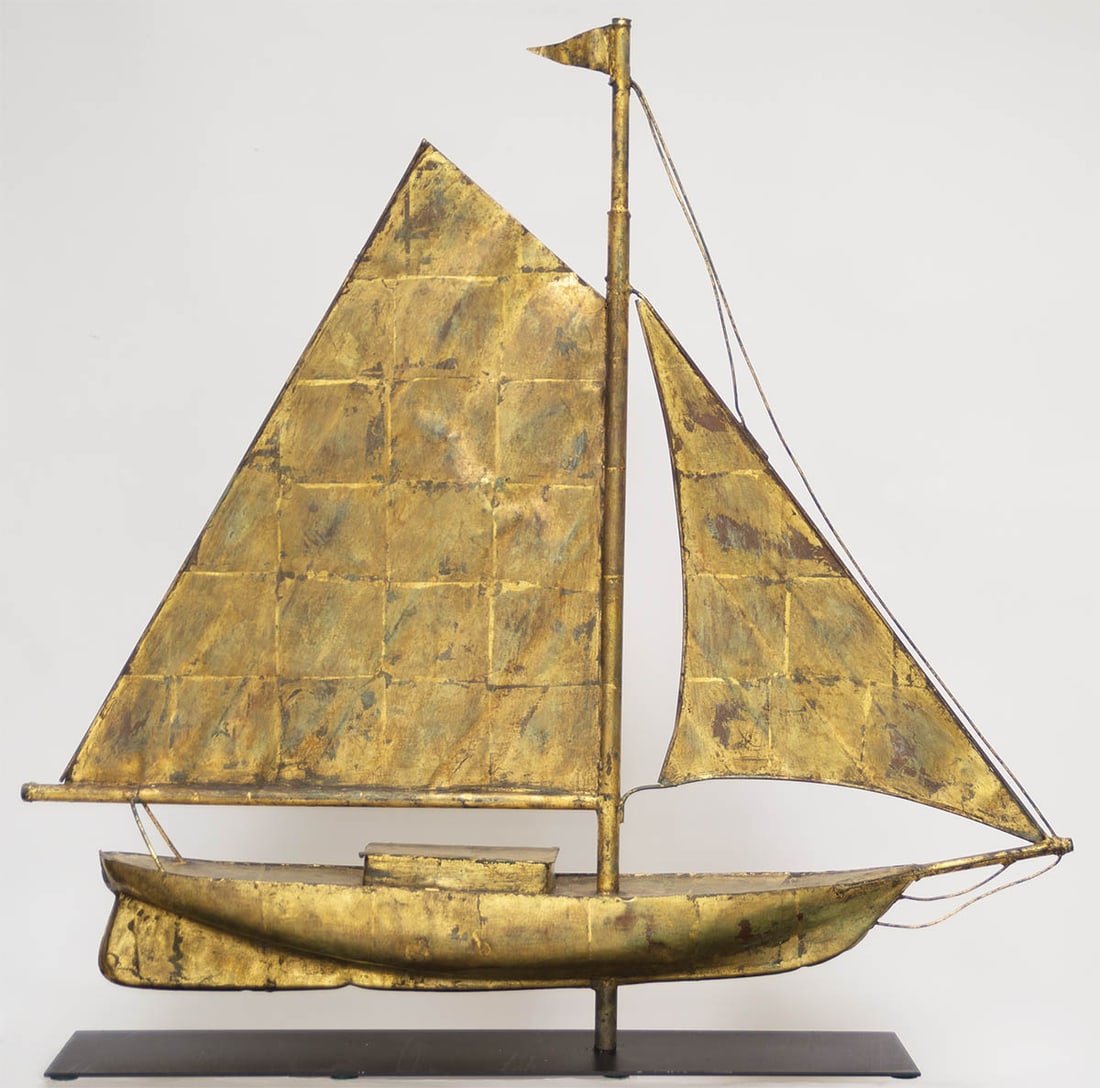 MOLDED COPPER WEATHERVANE In the form of a sailing sloop or schooner, rippled sails and flag, (1 of 1)