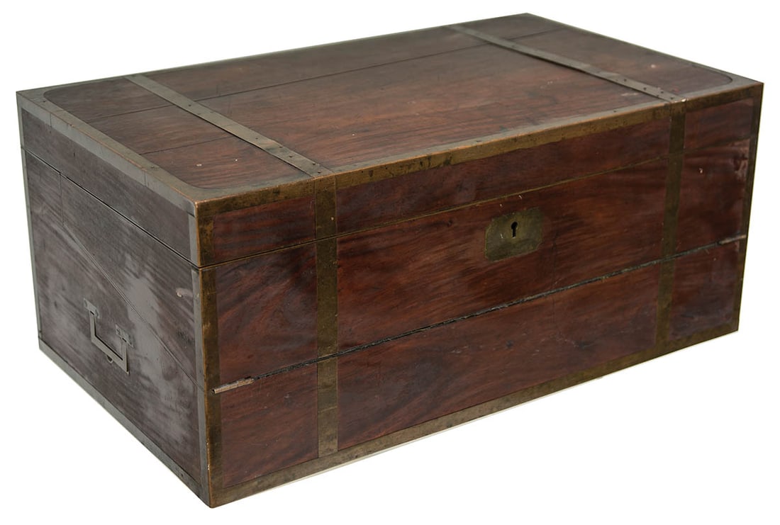 19TH C. SHIP CAPTAIN'S PORTABLE DESK Exceptional table-top desk, brass bound lignum vitae, double (1 of 6)