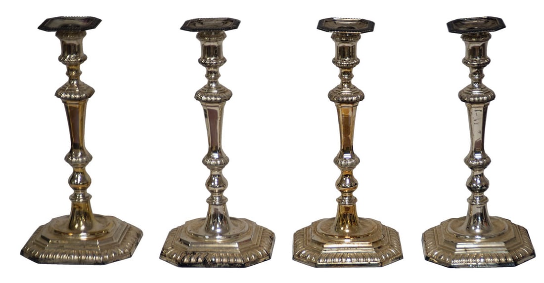 RARE SET OF FOUR CANDLESTICKS Sterling silver, Queen Anne style, hallmarked with a crown, lion and (1 of 1)