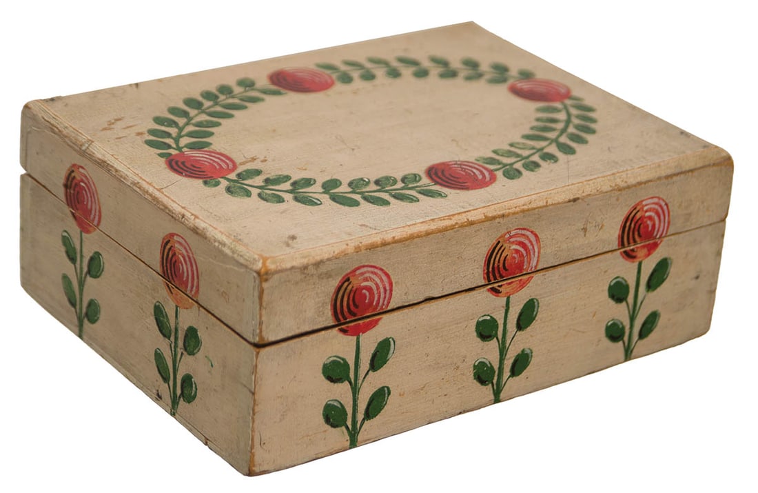 FOLK ART BOX Poplar wood box in original cream paint, brightly decorated with globular red and white (1 of 2)