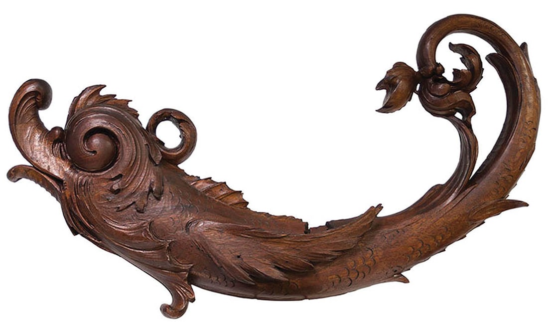 EARLY MYTHOLOGICAL STYLED CARVING Mahogany carving of a winged fish, excellent detail with fins and (1 of 1)