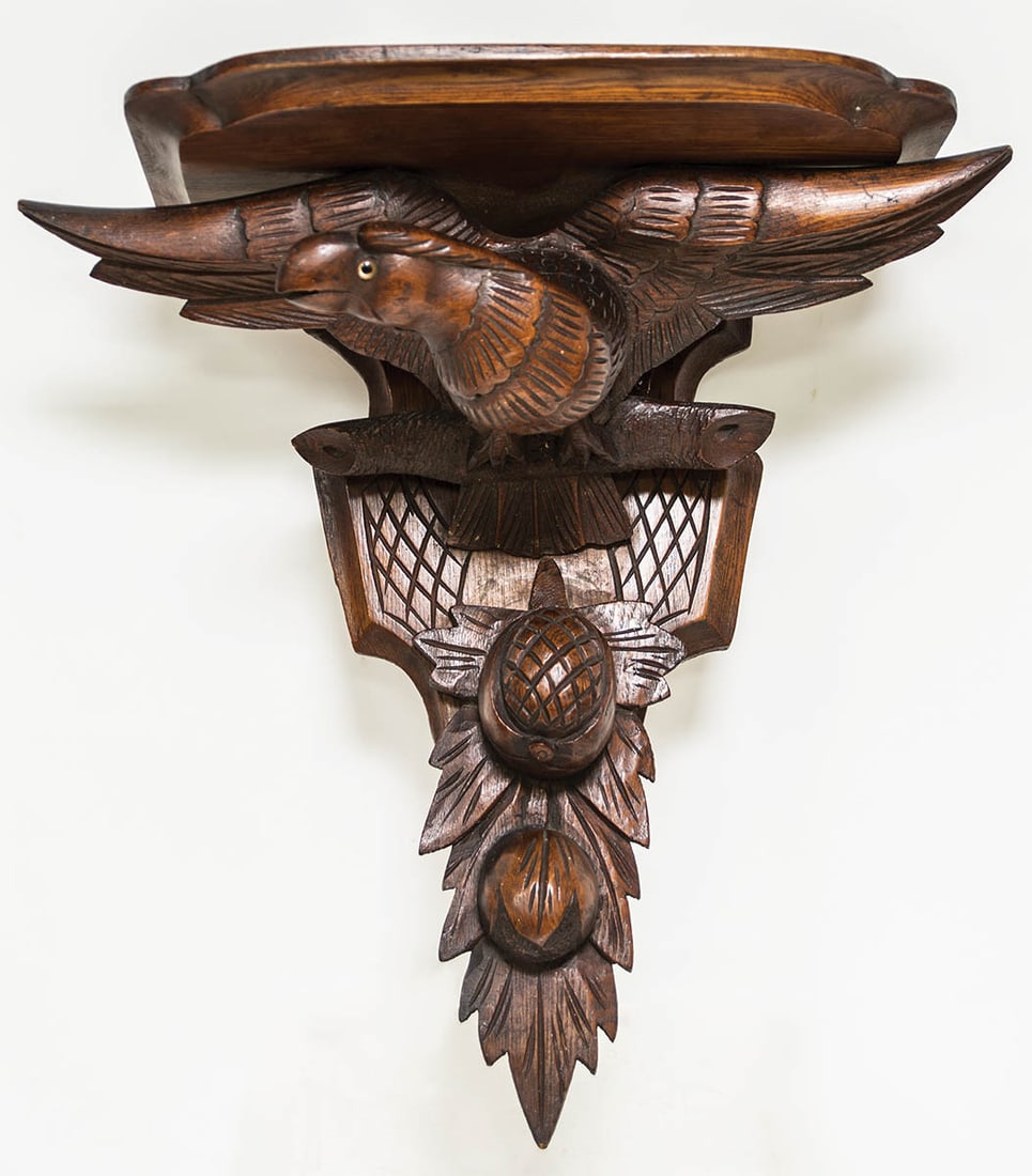 19TH C. CARVED WOOD SHELF Chestnut and oak, original varnish, supported by a carved spread winged (1 of 1)