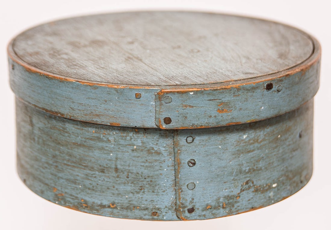 19TH C. ROUND PANTRY BOX Original blue/gray painted finish, (note: unsigned, but possibly Hingham, (1 of 3)