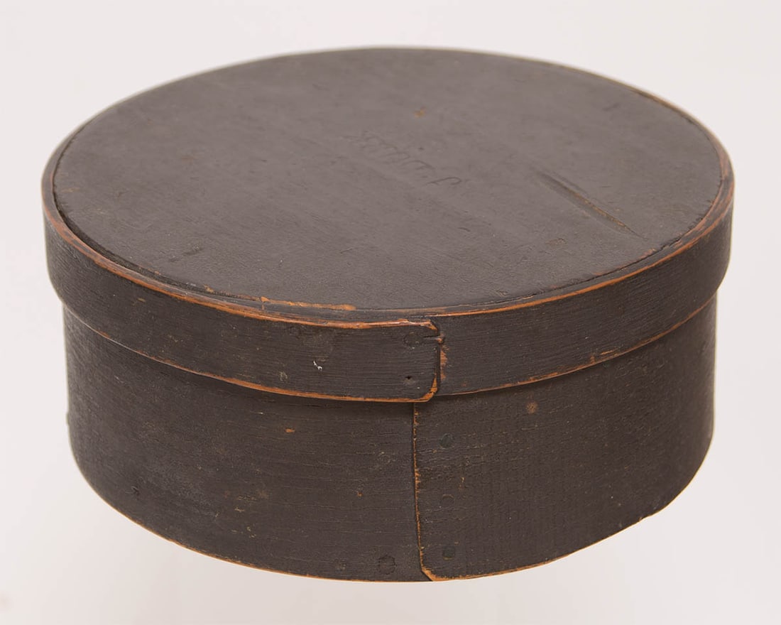 19TH C. ROUND PANTRY BOX Original brown painted finish, stamped "J. BURR" on top of lid, (note: John (1 of 2)